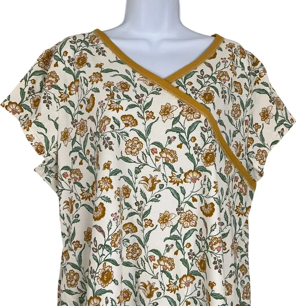 Garnet Hill Floral Wrap Neck Top Women's XL Cream Mustard‎ Yellow Organic Cotton